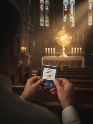 Person holding a Catholic Prayer Cards — Pax & Ora sample card in a dimly lit church with a glowing monstrance.