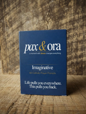 Catholic Prayer Cards — Pax & Ora Imaginative Prayer Pack with 60 Catholic prayer prompts in a navy blue tuck box.