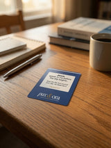 Catholic Prayer Cards — Pax & Ora prayer prompt card with blue matte finish on a wooden desk with coffee and books.