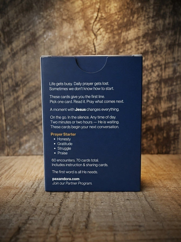 Catholic Prayer Cards — Pax & Ora Prayer Starter Pack box with navy blue matte finish on a rustic wooden surface.