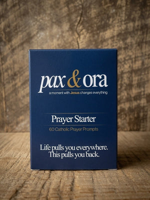 Catholic Prayer Cards — Pax & Ora Prayer Starter pack with 60 Catholic prayer prompt cards in a navy blue tuck box.