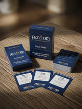 Catholic Prayer Cards — Pax & Ora Prayer Starter pack with 60 navy blue prompt cards and custom tuck box on wood table