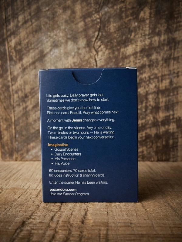 Catholic Prayer Cards — Pax & Ora Imaginative Prayer Pack box back with text on a rustic wooden background.