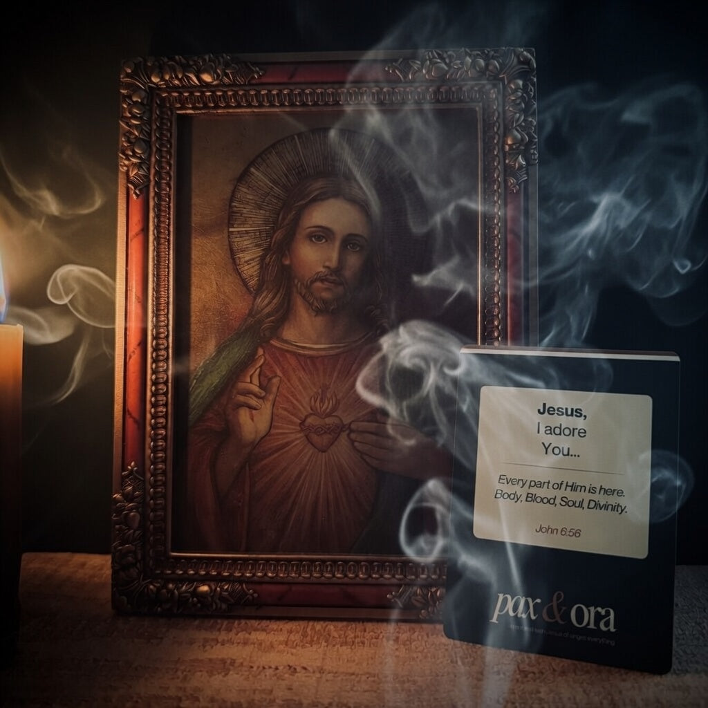 Catholic prayer cards for Adoration — Pax & Ora prayer card Jesus I adore You incense smoke and candle foreground