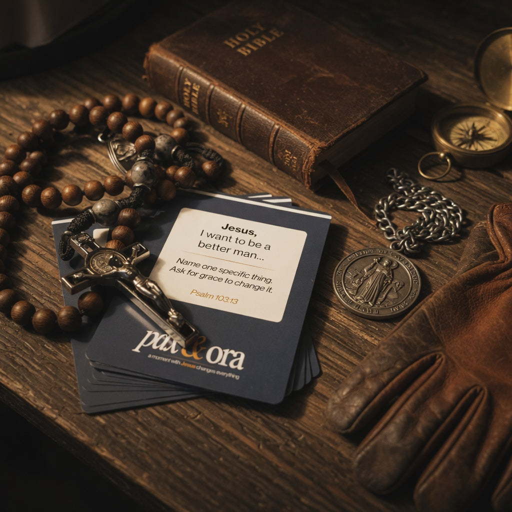 Catholic family prayer cards for men Pax and Ora — Jesus I want to be a better man prayer card on wood table with rosary Bible and compass