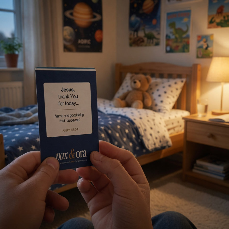 Catholic prayer cards for kids — Pax & Ora prayer card Jesus thank you for today boy praying in bedroom